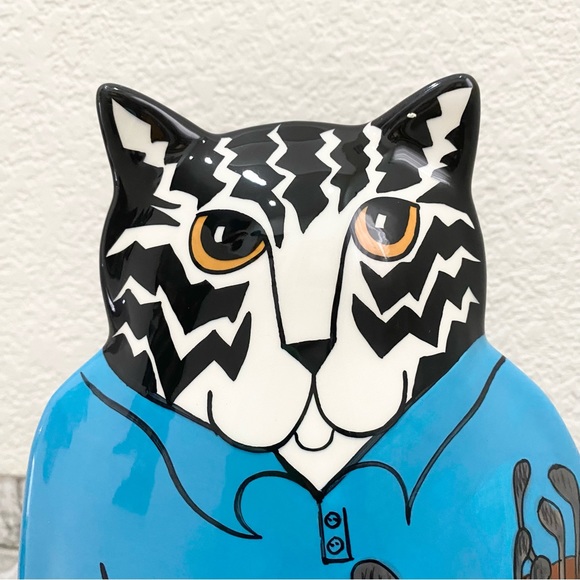 CATS by Nina Lyman Blue Ceramic Cat Golfer 9.5” Planter Vase - Picture 3 of 15